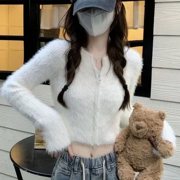 Lucyever 여성용 부드러운 짧은 니트 카디건, 한국 지퍼, 인조 밍크 캐시미어 스웨터, 긴 소매 Y2K 크롭탑, 가을 겨울