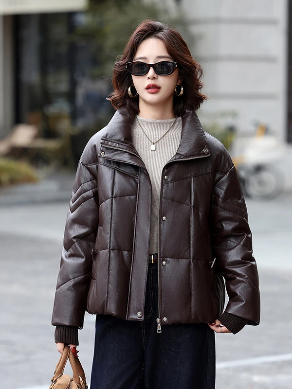 Abrigo de invierno de cuero auténtico ort Puffer Jaet para mujer, abrigo de invierno con cuello levantado, prendas de vestir exteriores de piel sintética para ir al trabajo, poliéster