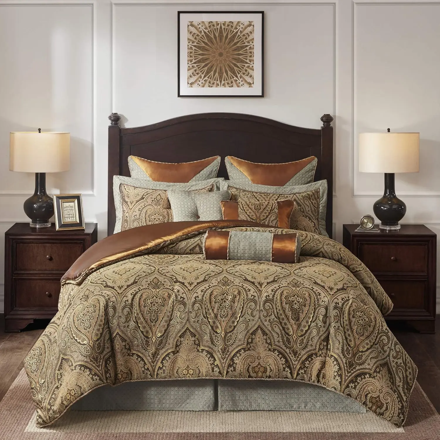 Bed Comforter Duvet 2-in-1 Set Bed in A Bag - Teal, Brown, Jacquard Medallion Damask