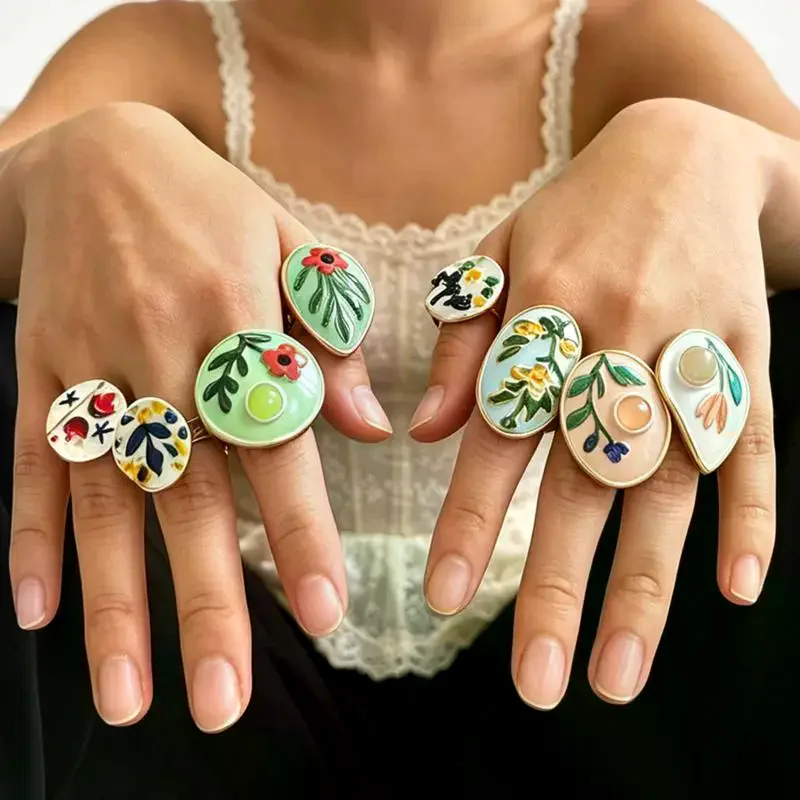 Fresh Pastoral Style Open Ring Women Multicolor Enamel Floral: Geometric Retro Elegant Vacation Travel