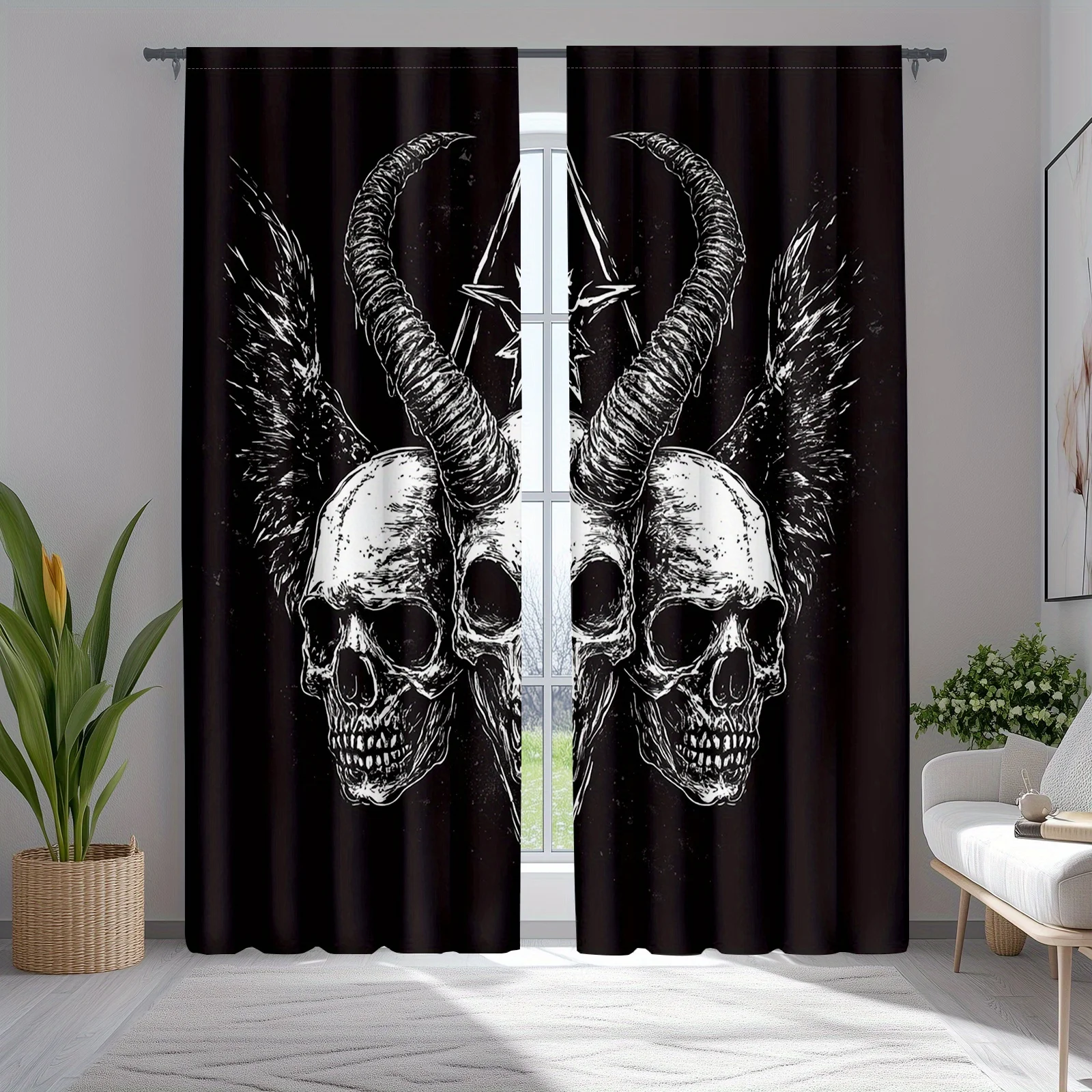 2pc Gothic Raven Skull & Goat Head Curtains – Sheer Rod Pocket for Bedroom & Kitchen – Stylish Curtain Theme