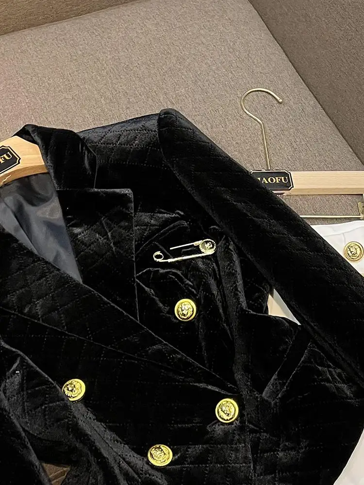 Faionable Metal Double-Fila Pulsante Pin Decorazione Velluto Or Abito Jaet Commute Sle Slim Fit Lungo Sve Colore puro