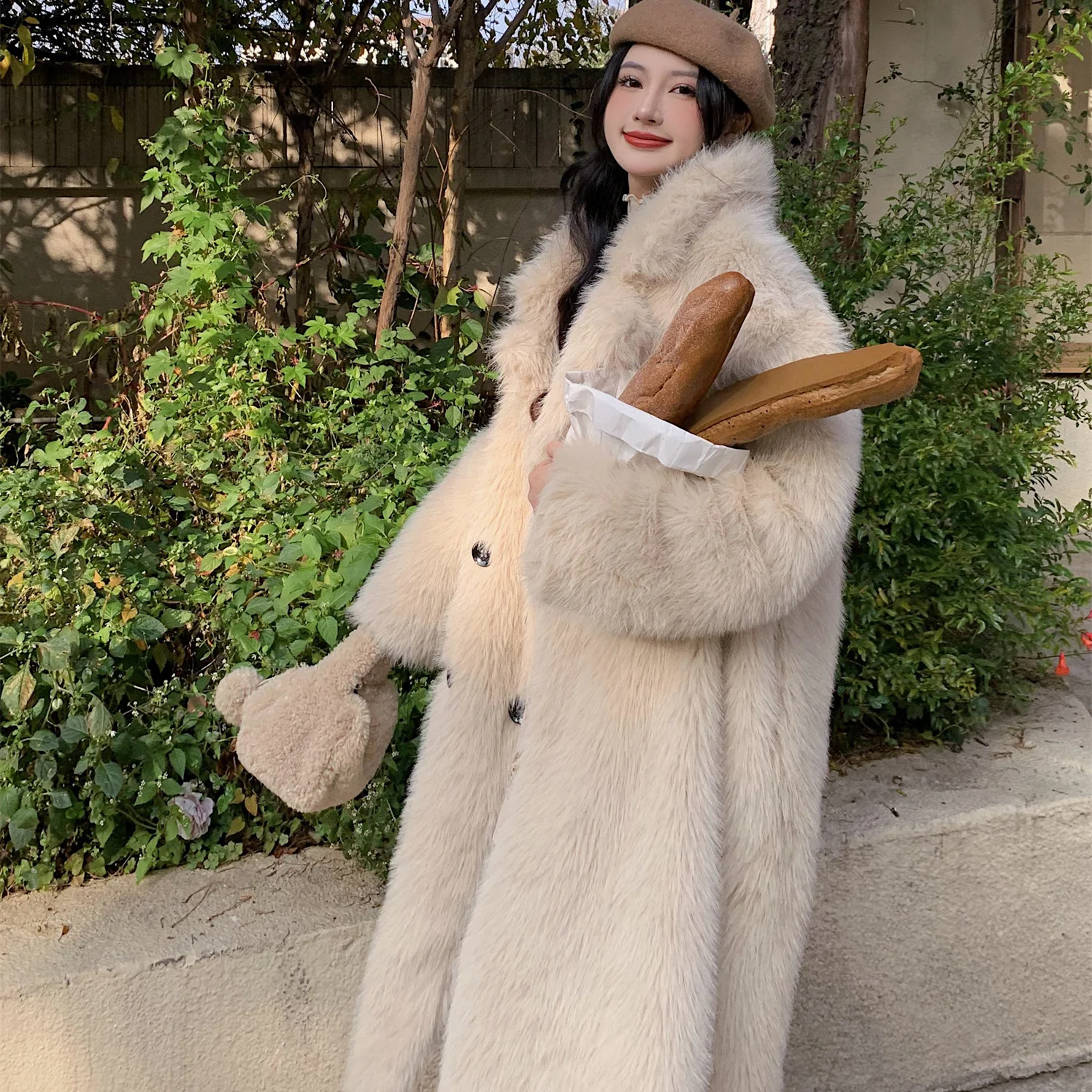 2024 Winter New Women's Thickened Warm Single Breasted Coat Female Flocking Long Sleeve Faux Fur Fur Winter Outerwear Y09