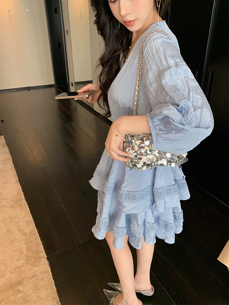 

Blue Lantern Sleeve Cake Dress with Gentle and Sweet Slim V-neck A-line Short Skirt 2025 Spring and Summer New Style Party Dress