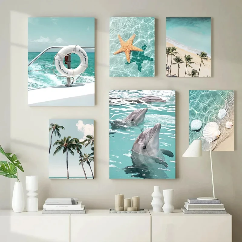 

Sea Beach Posters Wall Art Canvas Painting Whale Starfish Coconut Shell Summer Seaside Scenery Pictures Nordic Room Home Decor