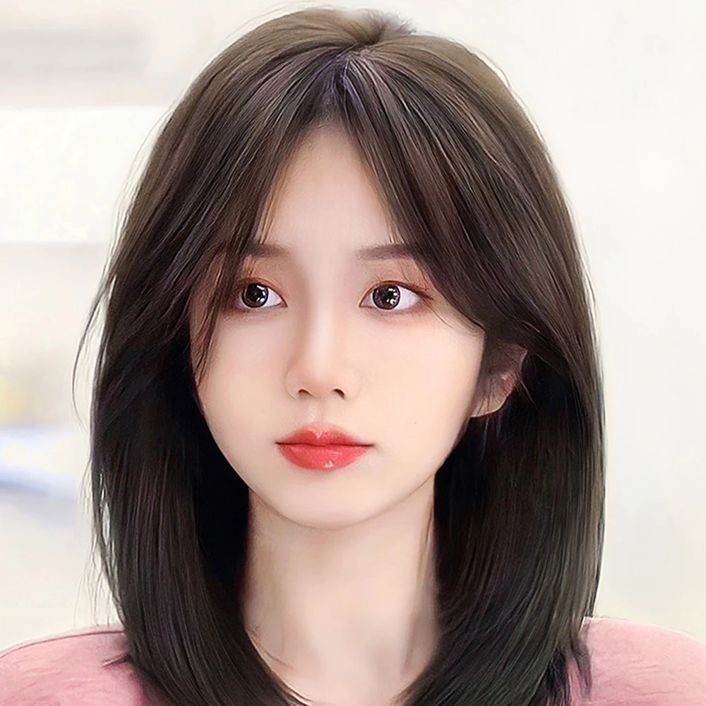 Wig Bob dengan poni rambut manusia, Wig Bob coklat untuk wanita putih, Wig panjang bahu rambut manusia 100% untuk penggunaan sehari-hari dengan kepadatan 180