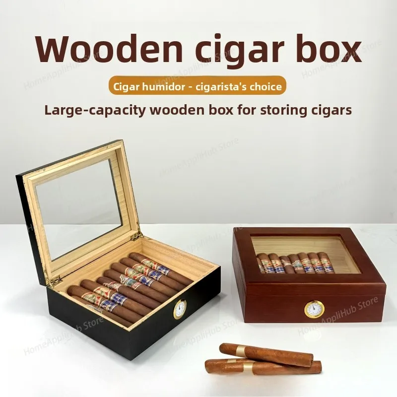In-stock Transparent Wooden Cigar Box with Moisturizer,  Storage Box, Flip-top Wooden Visual  Storage Box  Holder