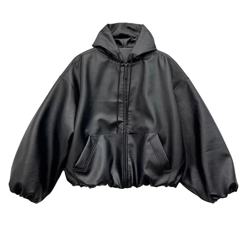 

Luxury Mens Short Wide Hooded Leather Jacket Spring Autumn Loose Fit Casual Outerwear Coat