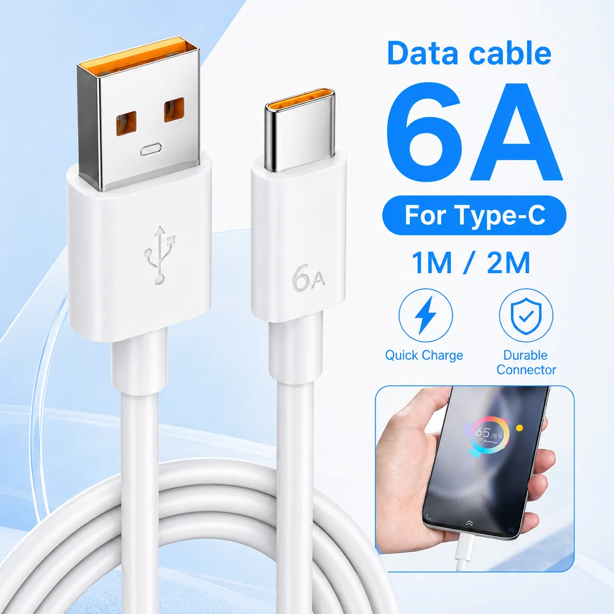Type C Data Cable 6A Fast Charging USB A Charger Cord 1M 2M Durable Sync Wire for Smartphones Tablets Home Office Travel Use