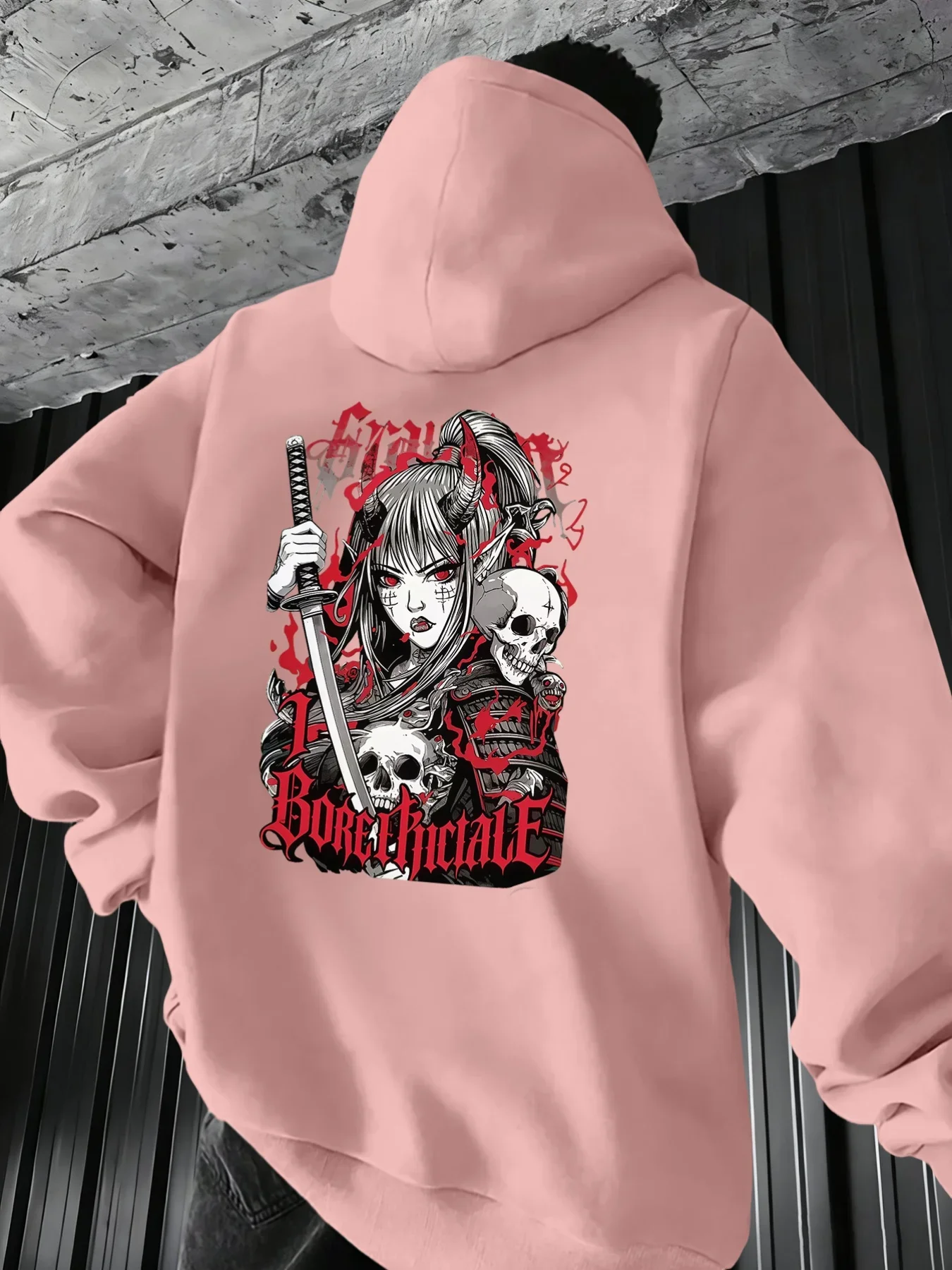 Y2K Street Hoodie Unisex Oriental Oni Warrior Girl Sword Skull Gothic Text Chest Back Graphic Print Loose Fleece Pullover
