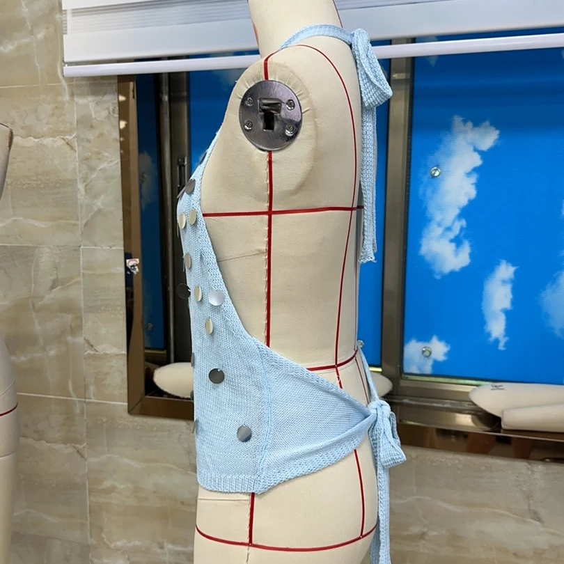 Y2K Women's Halter Neck Sleeveless Tank Top Shiny Sequins Open Back Slim Fit Going out Party Top