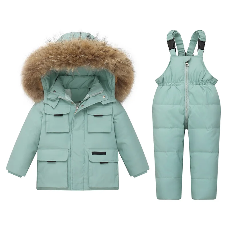 -30 Degree Russian Winter Children Boys 2pcs Clothes Set Waterproof Real Fur Down Jacket For Girls Kids Jumpsuit Boy Overalls