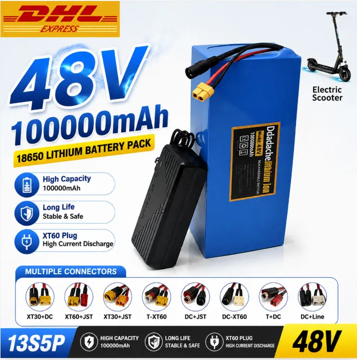 Image of PL Lager 48V 100Ah 13S5P 18650 Lithium-Batteriepack mit eingebautem BMS 54,6V 2A Ladegerät für 500-1000W Elektromobilitätsgeräte E-Scooter E-Bike