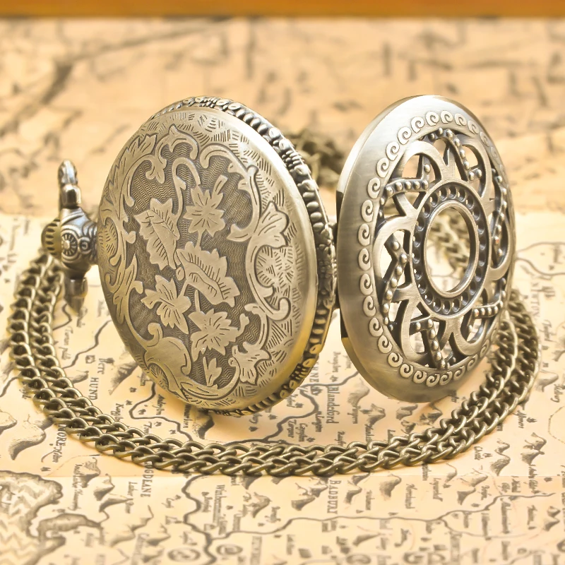 Retro Bronze Steampunk Openwork Flower Flip Quartz Boys' And Girls' Necklace Commemorative Pocket Watch
