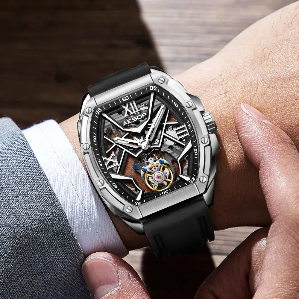 New Arrival Tonneau Skeleton AESOP ( manual 7059)Tourbillon Watch 316L Steel Sapphire Crystal 30M Waterproof Rubber Strap