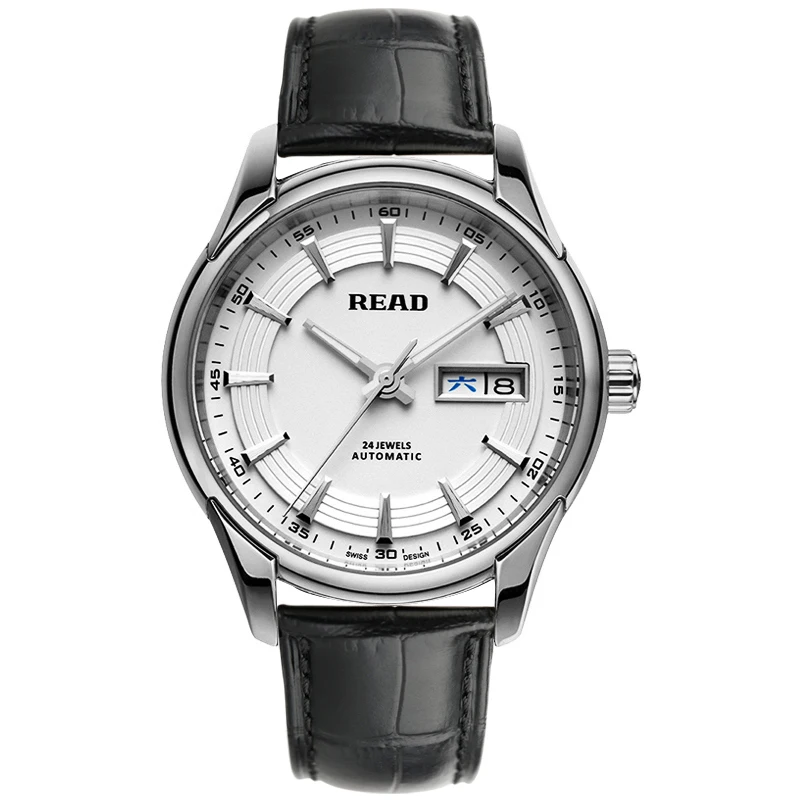read-men-automatic-watch-black-leather-strap-white-dial-day‑date-display-hard-glass-mirror-50m-water-resistant