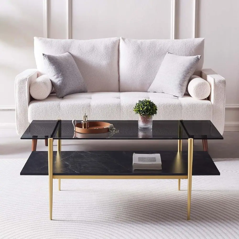 Mid-Century Modern Rectangular Coffee Table, 41x21, 2-Tier with Clear Glass Top and Black Marble Shelf, Gold Conical Legs