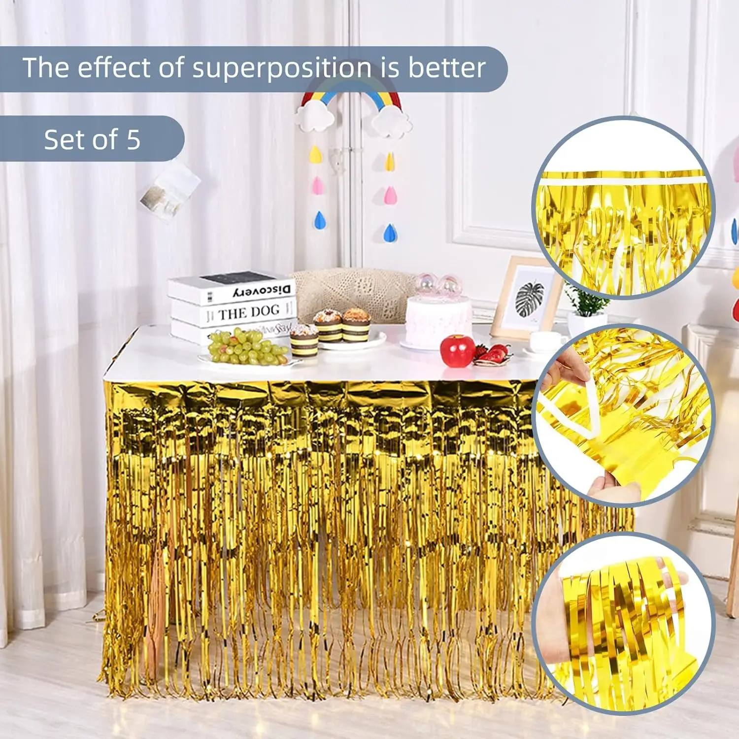 1X2M Metallic Foil Fringe Table Skirt Gold Tinsel Tutu Table Skirts For Wedding Decoration Baby Shower Rectangle Tables