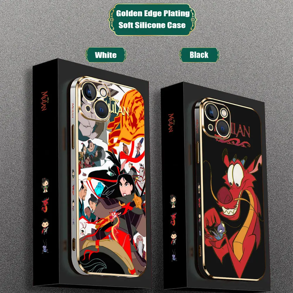 

Disney Mushu Dragon Mulan Funda For iPhone 15 14 Pro Max 13 12 Mini 11 7 8 Pro XSMax X XR Phone Case Luxury Golden Plating Cover
