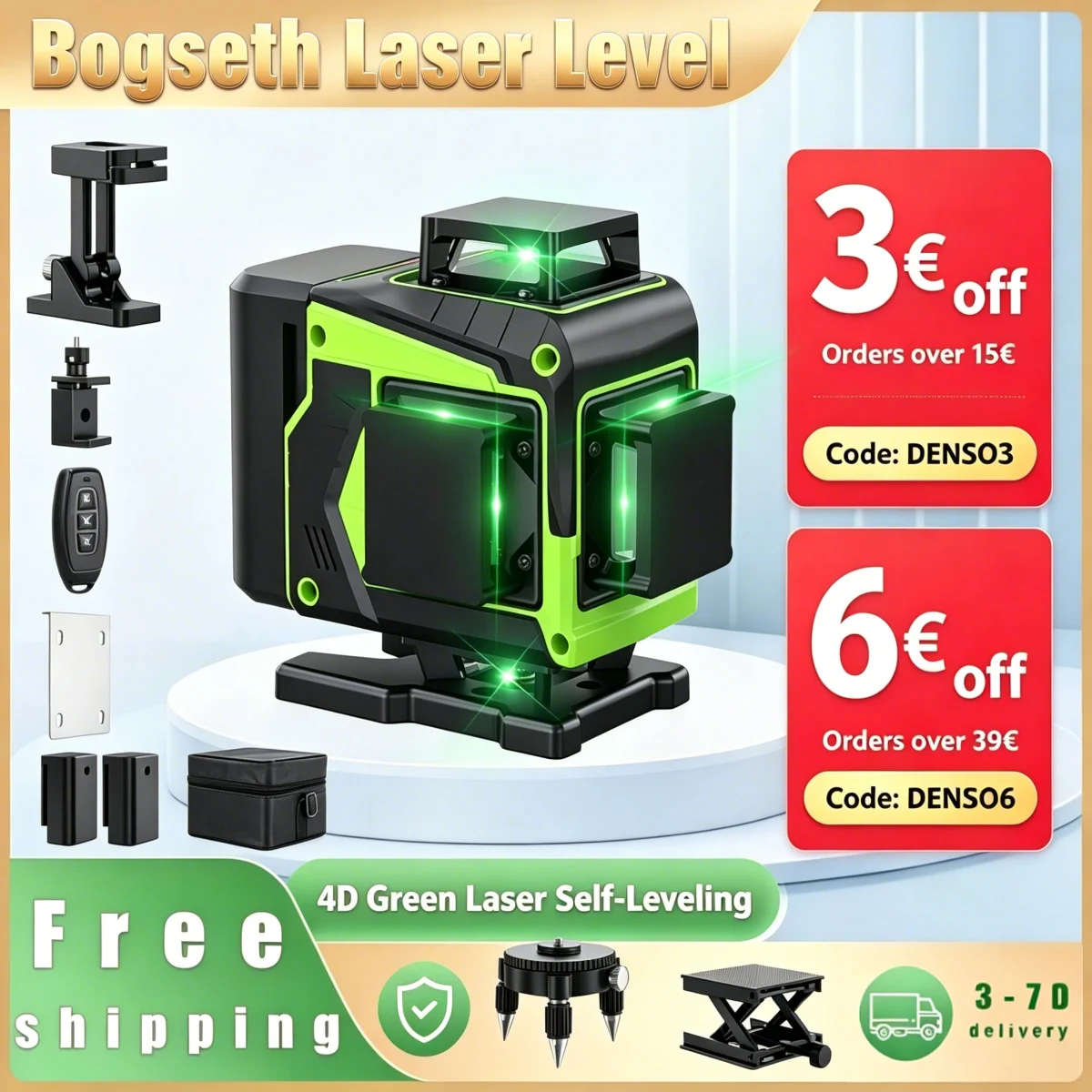 Bogseth 4D Laser-Nivelliergerät 16 Linien 4x360 °   Grüner Laser mit Selbstnivellierung und Fernbedienung, 2 wiederaufladbare Batterien, IP54 Kreuzlinienlaser für Boden-, Wand-, Decken- und
