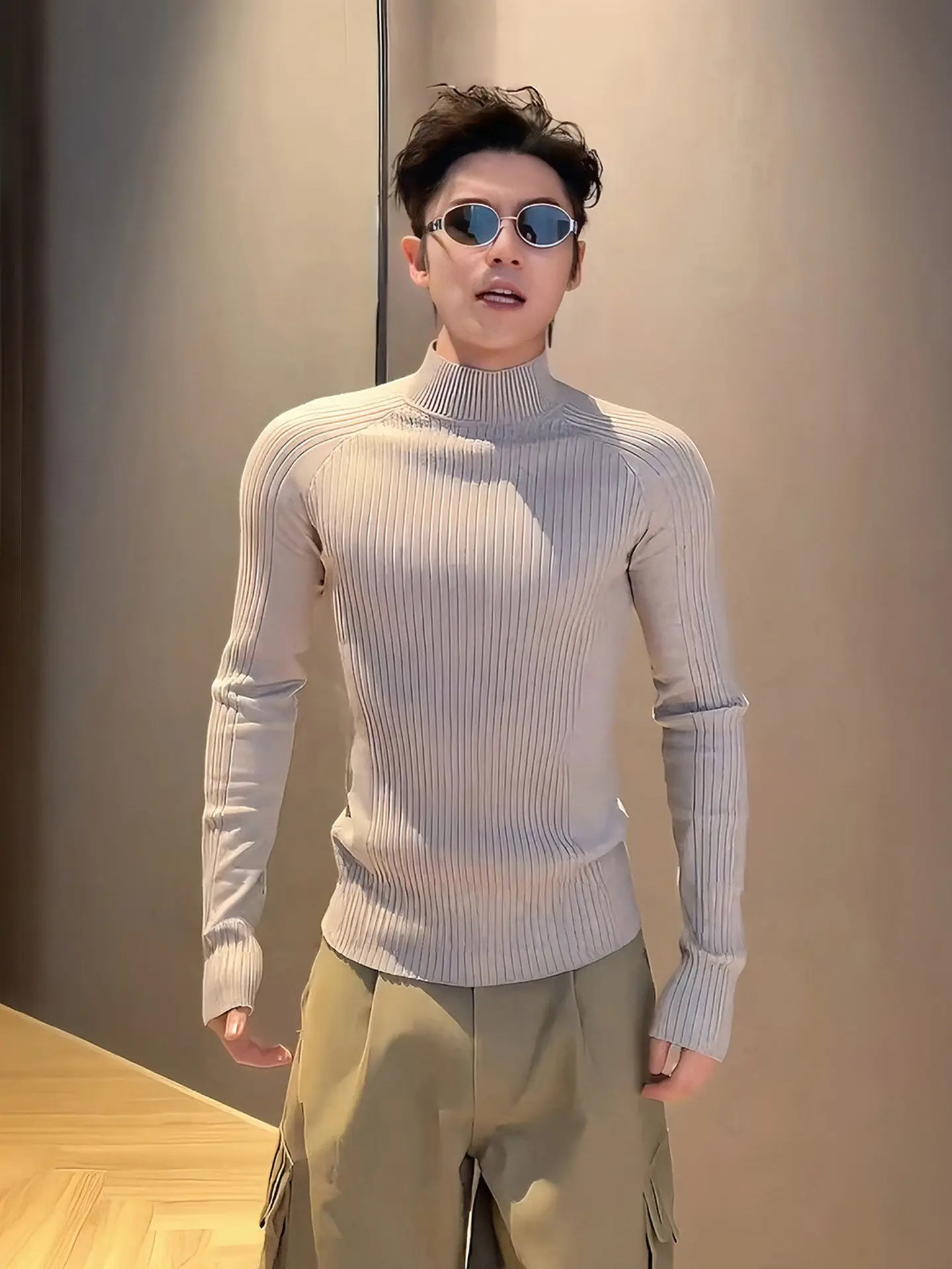 

Мужской вязаный свитер Slim Fit с высоким воротником и длинным рукавом, осенне-зимний, теплый, мягкий, в полоску, базовый слой, футболка