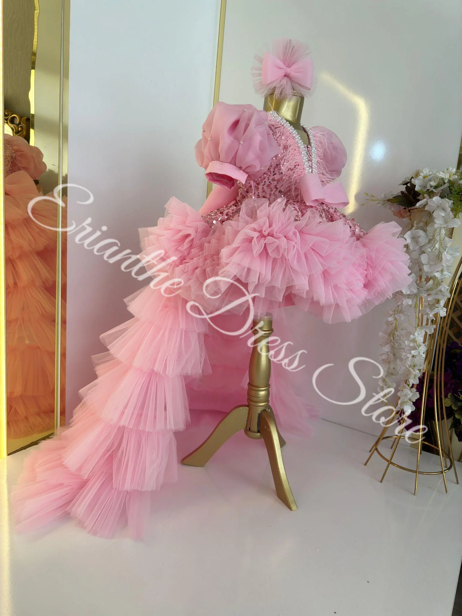 

Розовое платье с цветочным узором для девочек на свадьбу, тюлевое платье с блестками и перьями и бантом, детские бальные платья для дня рождения, первого причастия по индивидуальному заказу