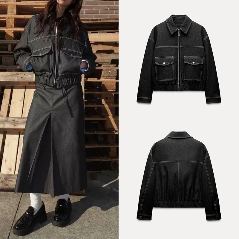 

Z Женская верхняя одежда Jaet Long Sve с отложным воротником и джинсовым эффектом, весеннее новое простое пальто из полиэфирного волокна