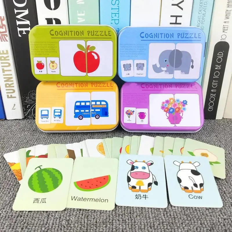 

Baby Cognition Puzzle Toys Toddler Kids Iron Box Cards Matching Game Cognitive Card Car Fruit Animal Life Puzzle