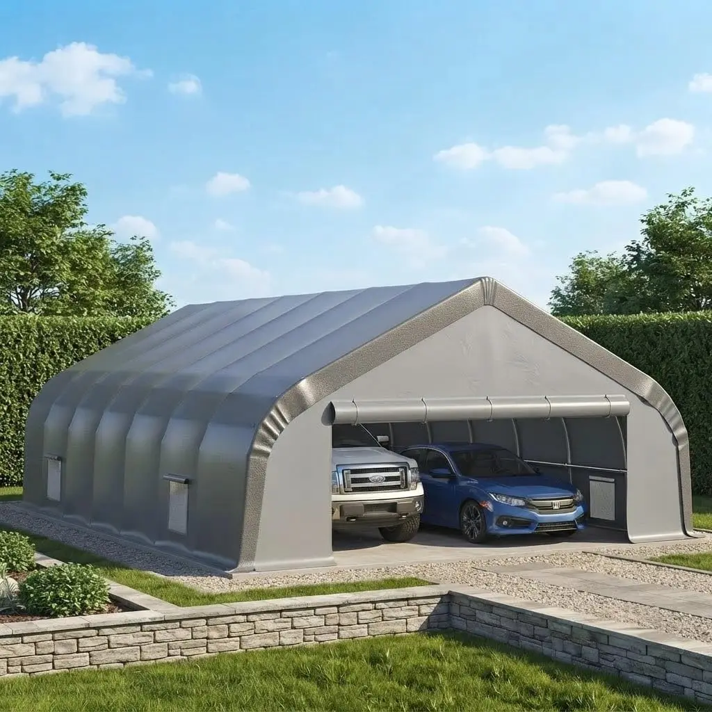 20x30 FT Heavy Duty Carport Shelter Galvanized Steel Frame Waterproof PE Cover Roll-Up Doors & Windows Cars Trucks, Customized
