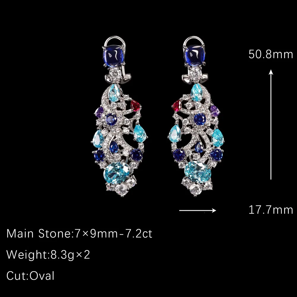 KQDANCE Vintage Duże Kolczyki Wiszące Koktajlowe z Srebra Próby 925 z Syntetycznym Szafirem Paraiba 7,2 CT i Diamentami Wysokowęglowymi, Elegancka Biżuteria Nowa