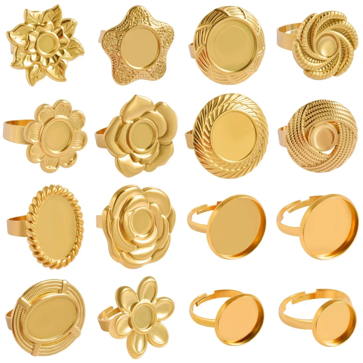 NEW1pc 18K Gold Plated Stainless Steel Blank Base Ring Adjustable Opening Flower Round Shaped Settings Ring Jewelry Accessories
