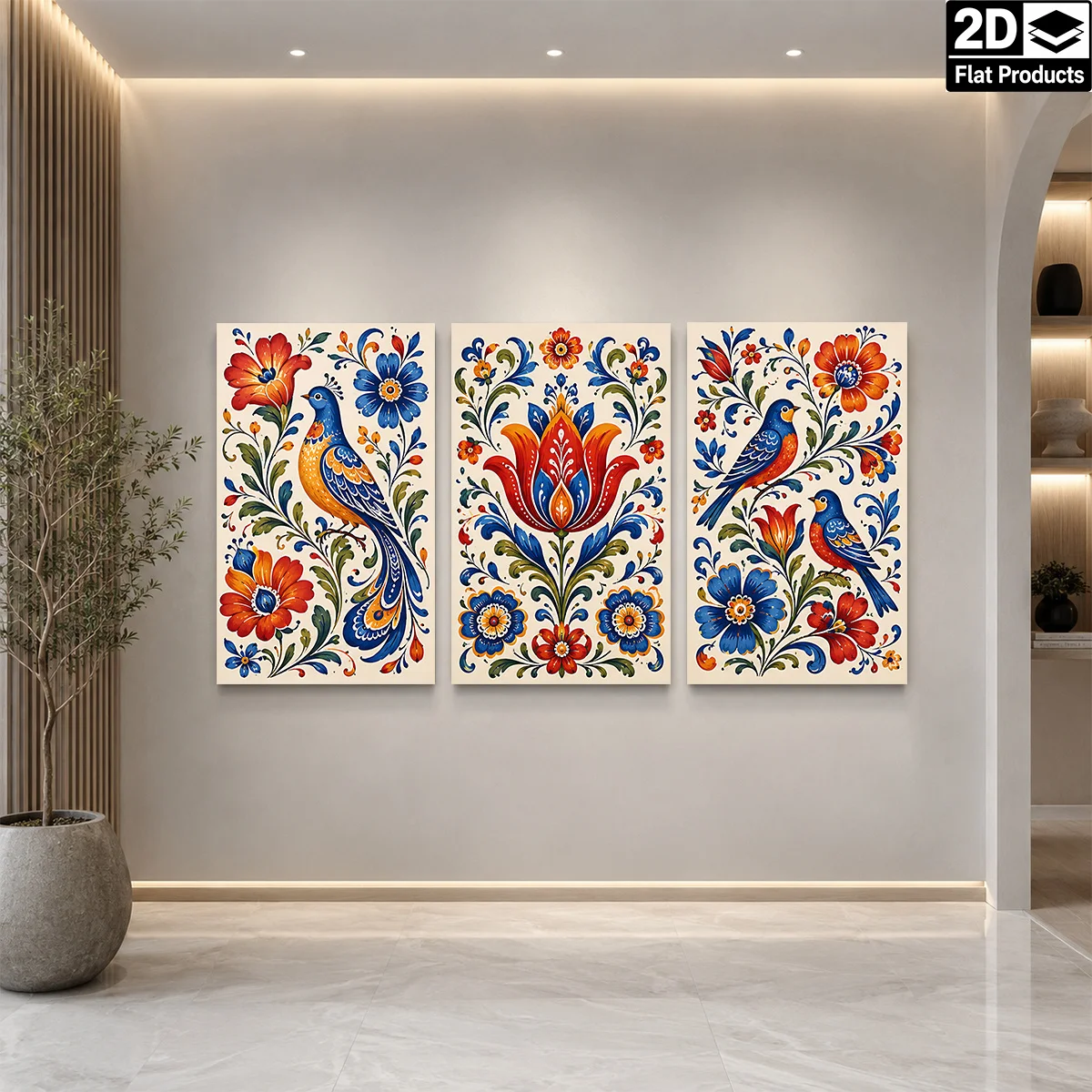 2D Flat 3PCS - Colorful floral patterns with birds in red blue and orange Themed Canvas Wall Art, Waterproof Prints Ready to