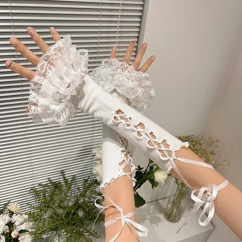 Women Lace Ruffle Arm Warmers Fingerless Gloves Tie-up Elbow Length Sleeves Y2K Aesthetic Kawaii Lolita Oversleeve Cuffs Covers