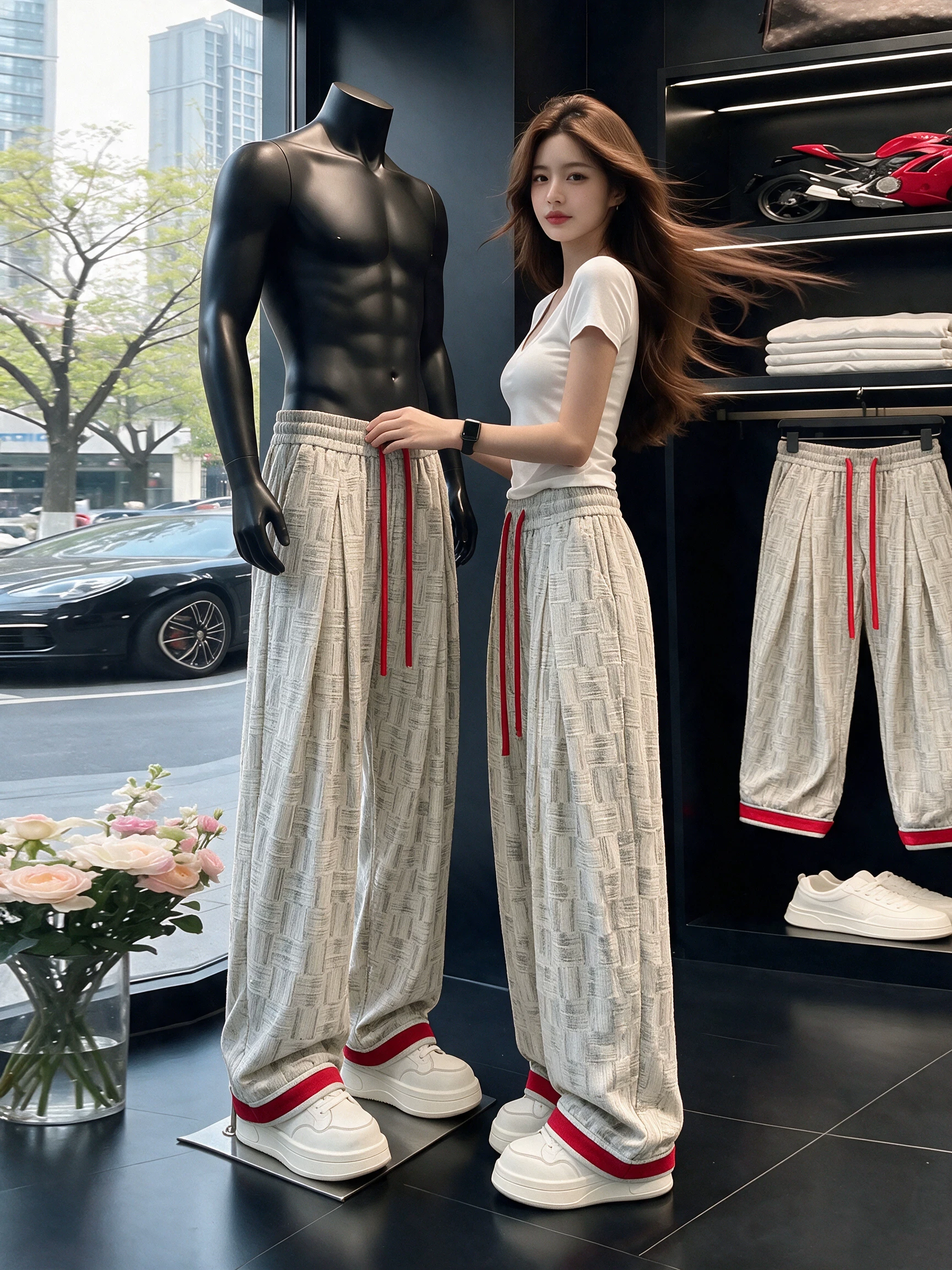 American Style Patchwork Color Block Tie Dye Pleated Plaid Wide Leg Pants Men Spring Autumn Drapey Lazy Straight Casual Trousers