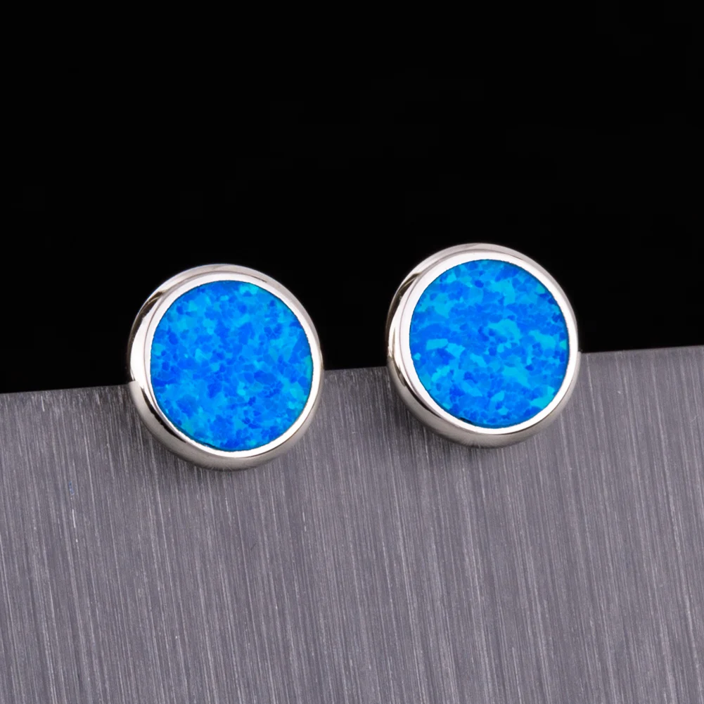 KONGMOON Round Ocean Blue Fire Opal Jewelry for Women Piercing Stud Earrings