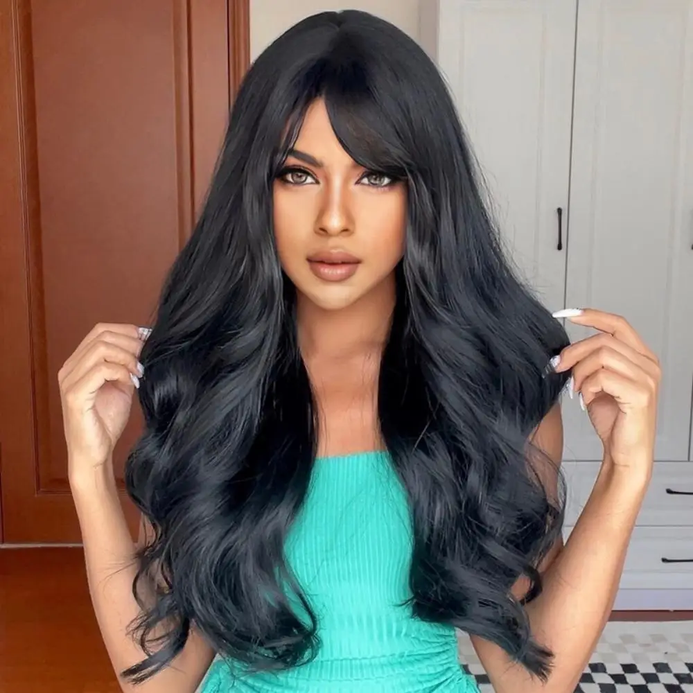 

Natural black Heat Resistant Hair Long Wavy Wigs Bangs