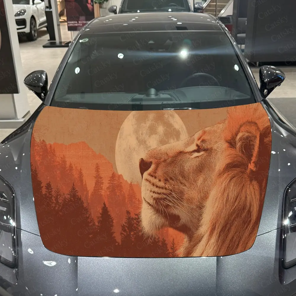 

Rustic Lion Portrait Pattern PVC Car Hood Wraps, Self-Adhesive Waterproof Car Bonnet Decal Sticker, Car Decoration Protection St