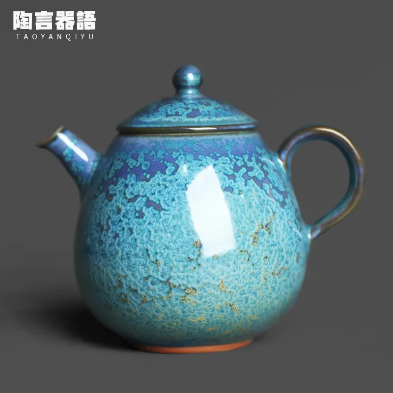 Yuzhou Junyao Floating Blue Jade Dragon Dan Holding Teapot Raw Mineral Oil Drops Tianmu Crystal Spotted Gold Point Tea Maker