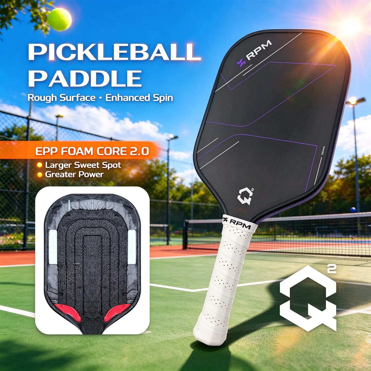 raquette-de-pickleball-rpm-q2-nouveau-modele-fibre-de-carbone-toray-t700-surface-texturee-a-grain-grossier-mousse-epp-thermoformee-a-rebond-eleve
