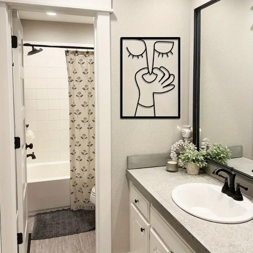 Alluring 1pc Unique Metal Portrait Funny Toilet Wall Art Entertaining Minimal Line Art Sign for Restroom Bathroom Decor