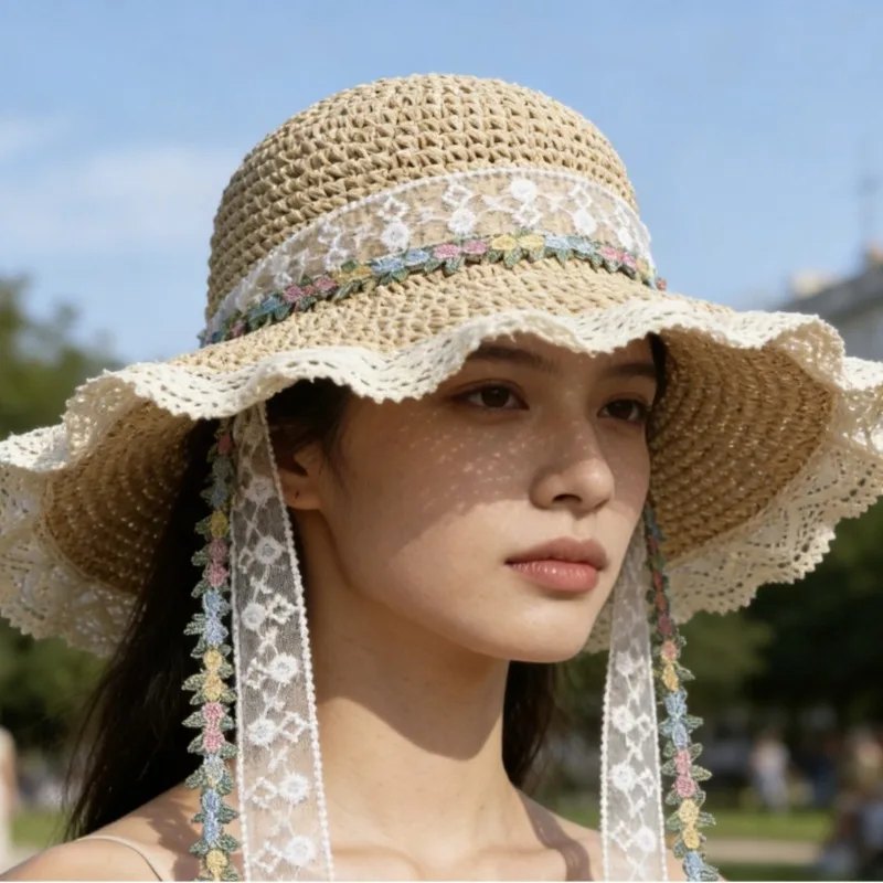 Ladies' Cute Floral Straw Hook Straw Hat, Summer Hollow Out Breathable Seaside Vacation Sunscreen Cover, Foldable Sun Hat
