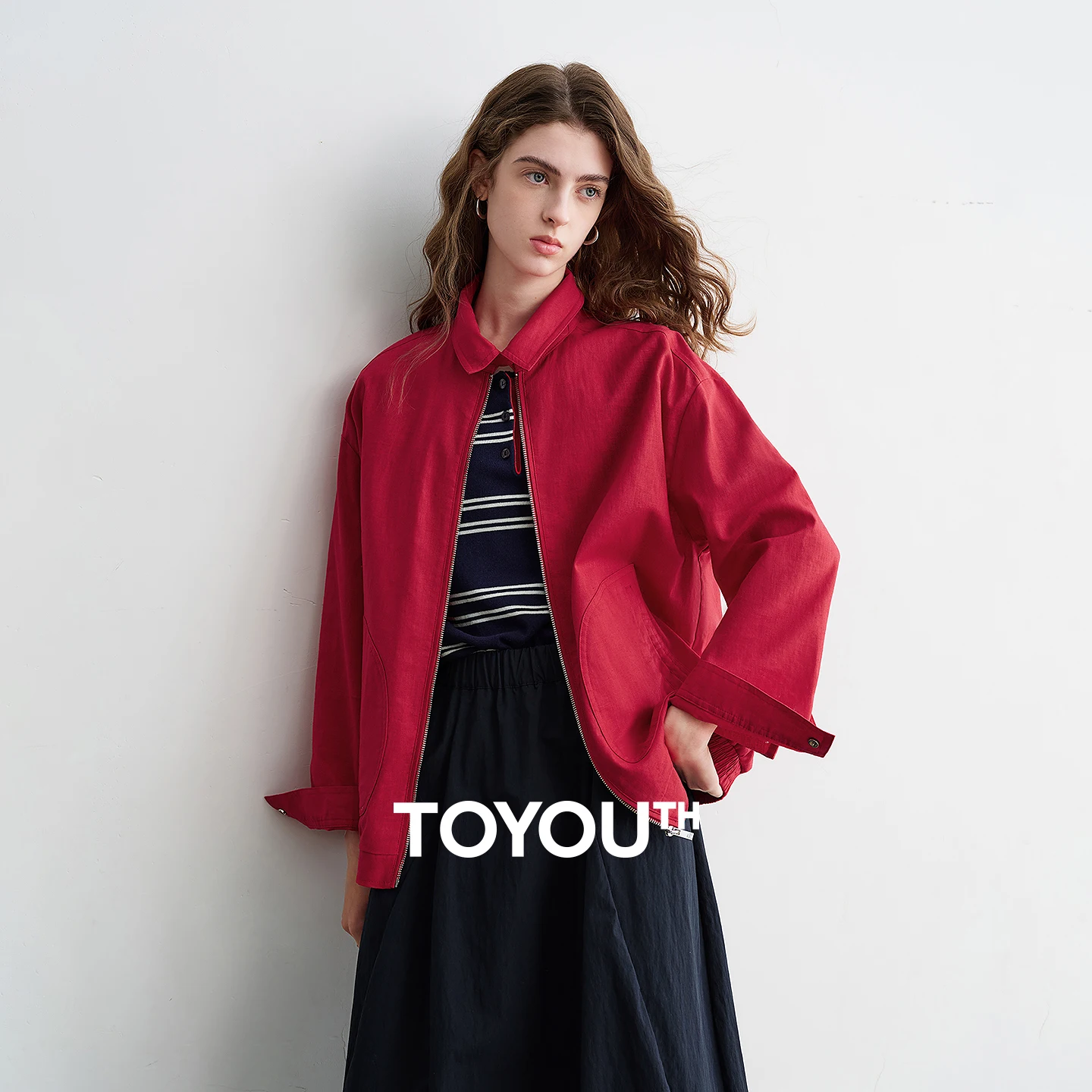 TOYOUTH Women Cotton Linen Jacket 2026 Spring New Bright Red Back Letter & Floral Print Loose Coat