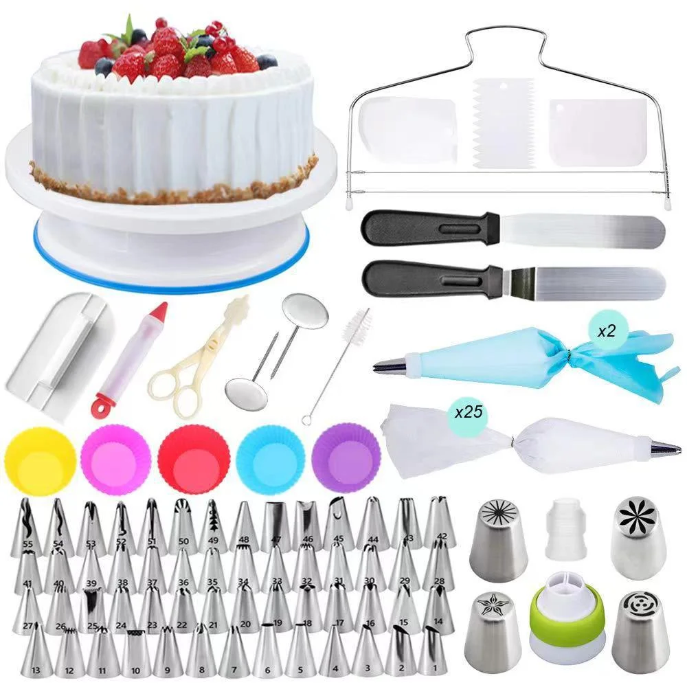 106PCS Ultimate Cake Decorating Kit with Turntable - 59 Piping Tips,27 Bags & Professional Nozzles Complete Tools DIY Baking Set