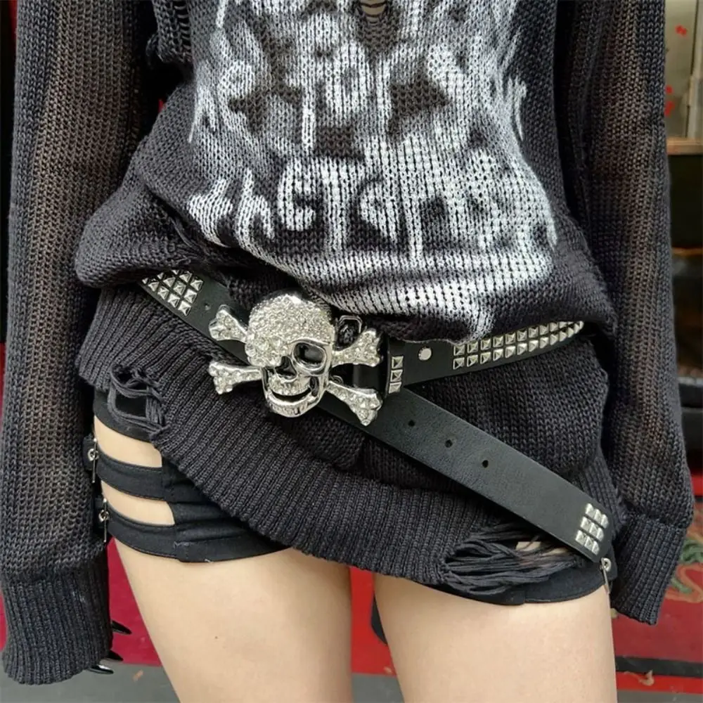 

Jeans Decor Rhinestone Skull Wide Waistband Y2K Hip-hop Black Rivet Belt Adjustable Alloy Skeleton Belt Couple