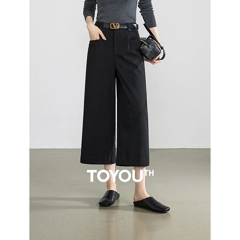 

TOYOUTH Women Casual Pants 2024 Autumn New Woolen Straight Mide Length Pocket Wide Leg Ankle Length Cropped Pants