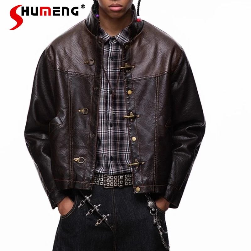 

High Street с пряжкой самолета, мотоциклетные куртки из искусственной кожи, парки, мужские зимние 2021, новые куртки из искусственной кожи, однотонные пальто