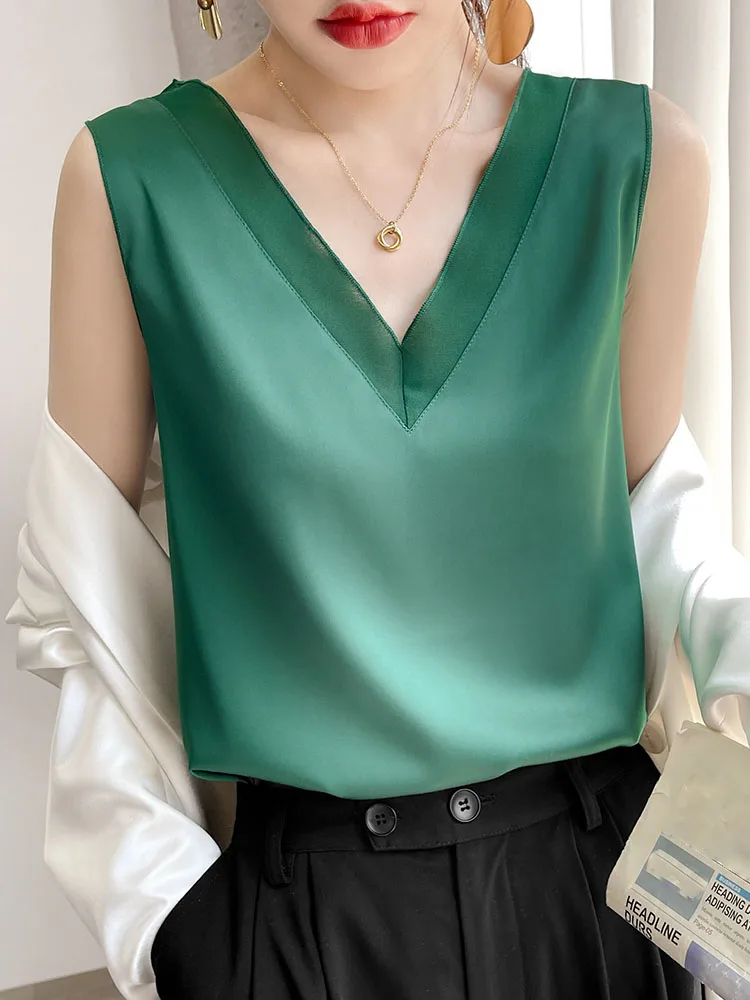 HONGHANYUAN 2022 Women's Blouse Summer Silk V Neck Satin Office Black White Women Sleeveles Tunic Elegant Shirts Sling Vest Tops