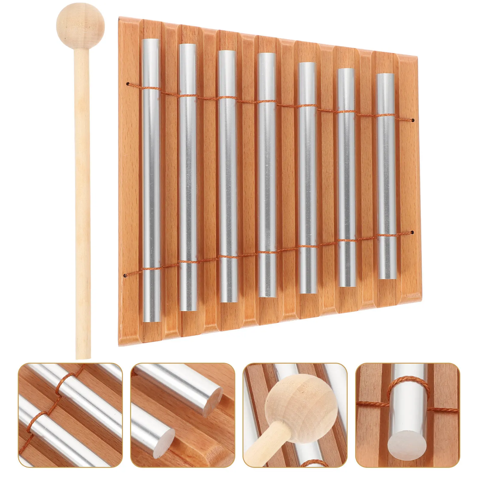 1Set Classroom Wooden Base Percussion Chimes Instrument 7 Tone Hand Bell Mallet Music Education Teaching Musical Rhythm Chime