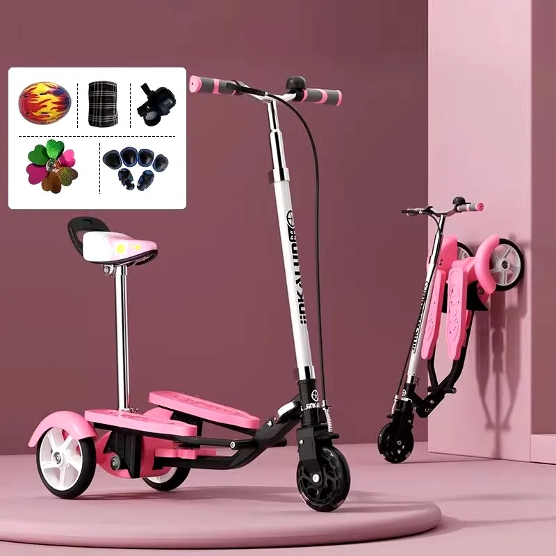 Portable Kids Pedal Scooter with Seat Can Sit & Ride, Foldable 3-Wheeled Stepper Scooter for 4-12 Years Old Kids