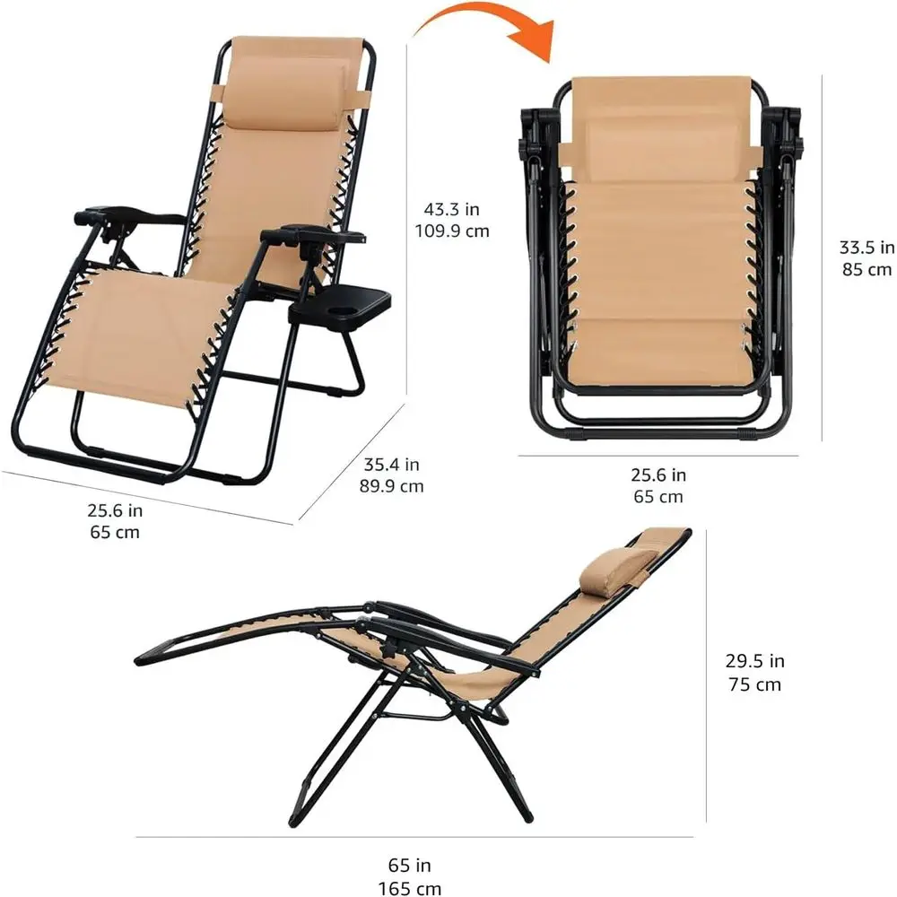 2-Piece Beige Outdoor Zero Gravity Recliner Set with Side Table, 35x26x43